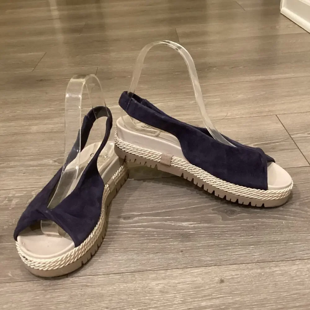 Amalfi Womens Slingback Flats 7.5 N Navy Blue White Nautical Resort Suede Sandal
